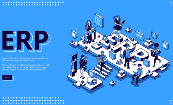 ERP, enterprise resource planning isometric landing page. Productivity and improvement system, data analysis business integration concept, business people work in office 3d vector line art web banner
